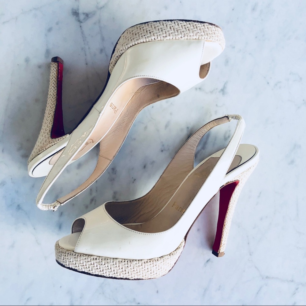AUTHENTIC Christian Louboutin White Patent Mini Platform Slingback Pumps 37
